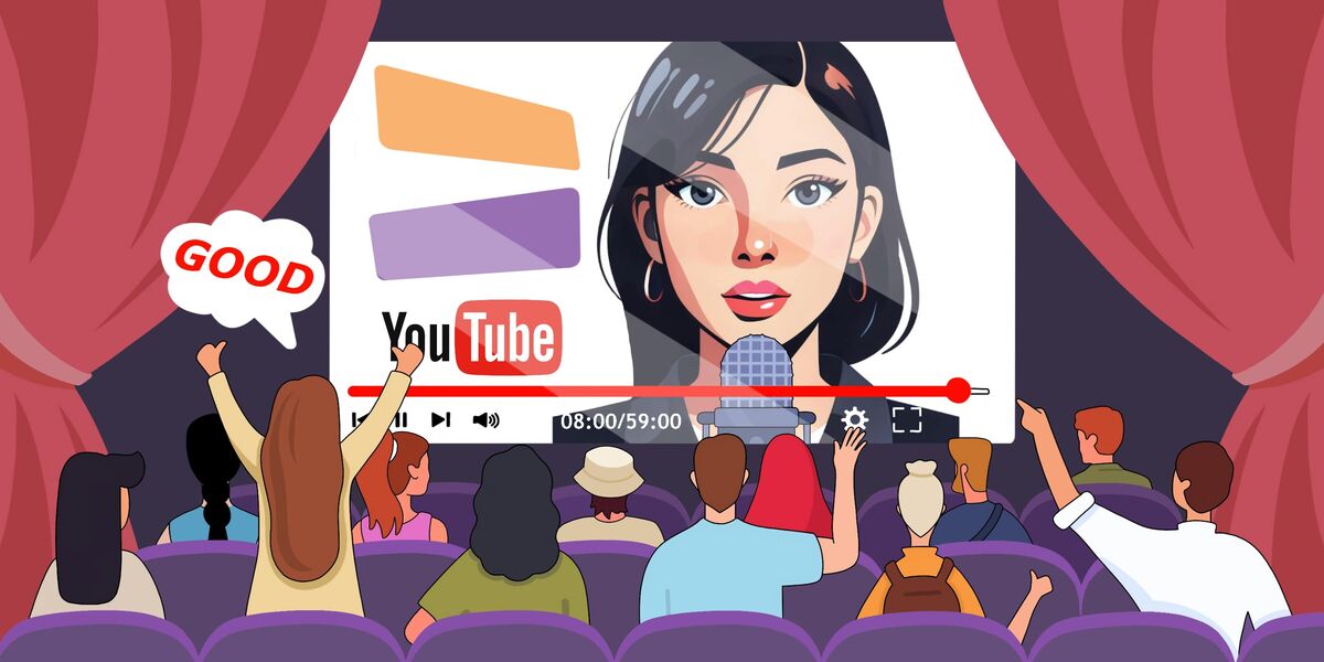 Audience in a theater watching a YouTube video on a large screen, cheering and giving positive feedback as a female creator appears on the video.
