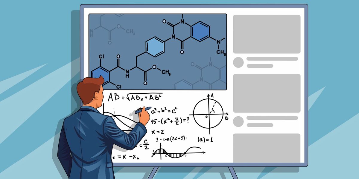 Illustration of a man in a suit writing mathematical and chemical formulas on a large digital whiteboard. The screen shows molecular structures, equations, and graphs, representing science and research concepts.