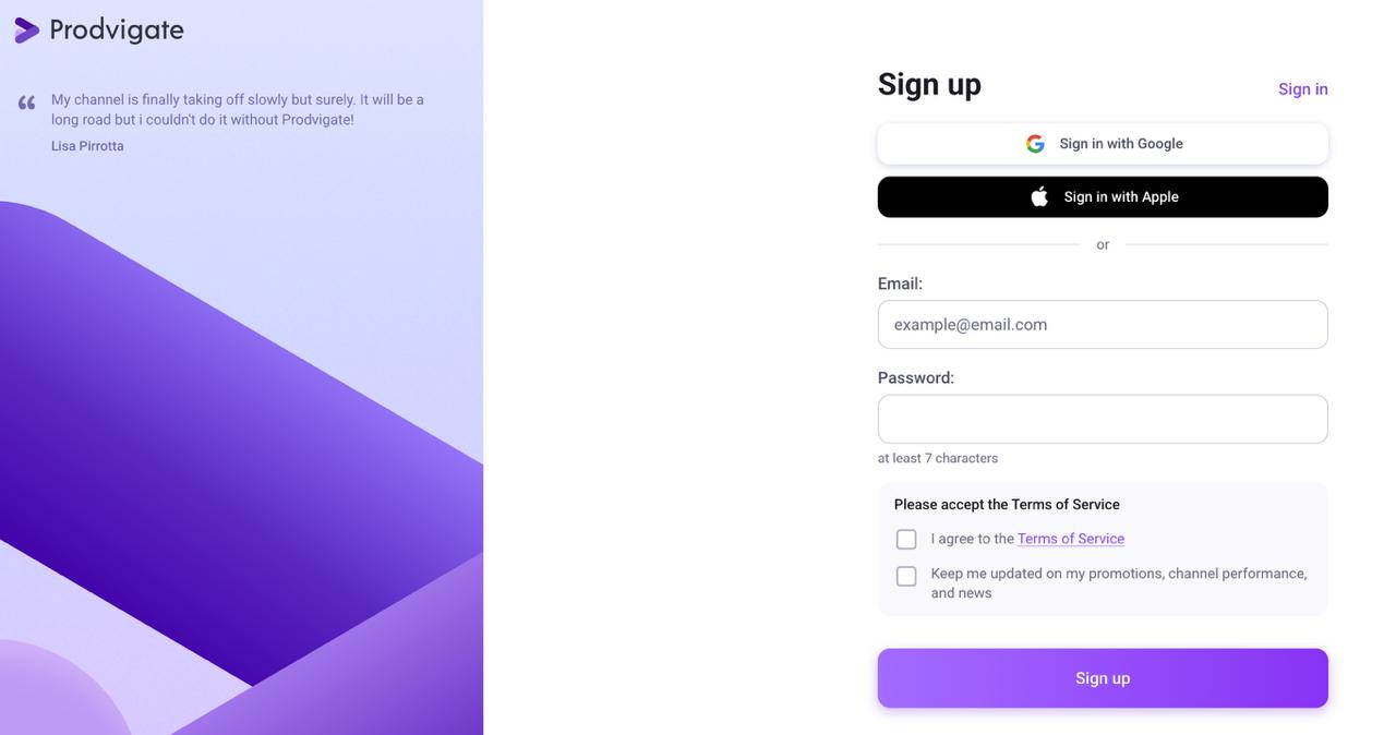 An image of sign in section with Prodvigate logo, and choice of login such as Google Account or Email log in.