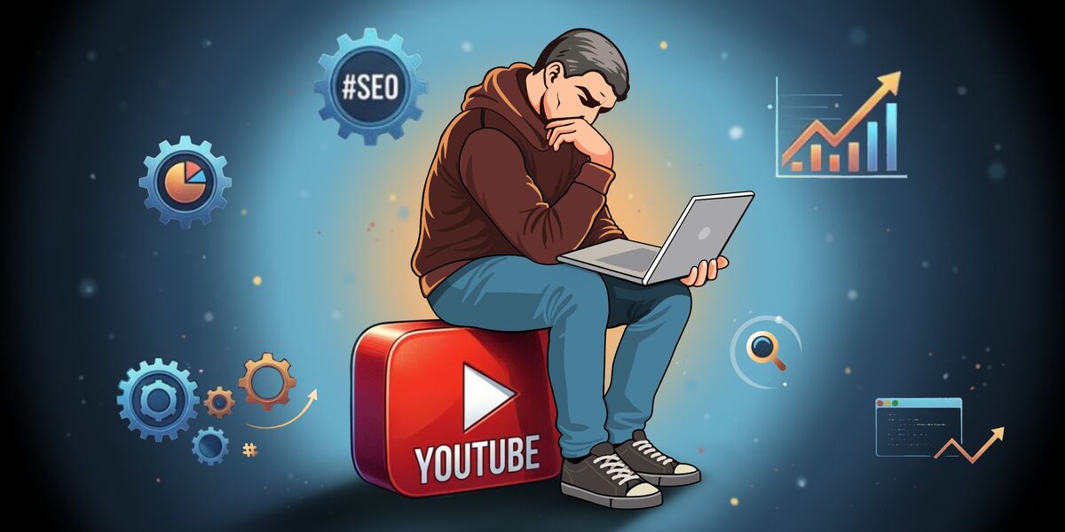 Man sitting on a chair in brown jacket and thinking, analytics data flying around him on his channel.