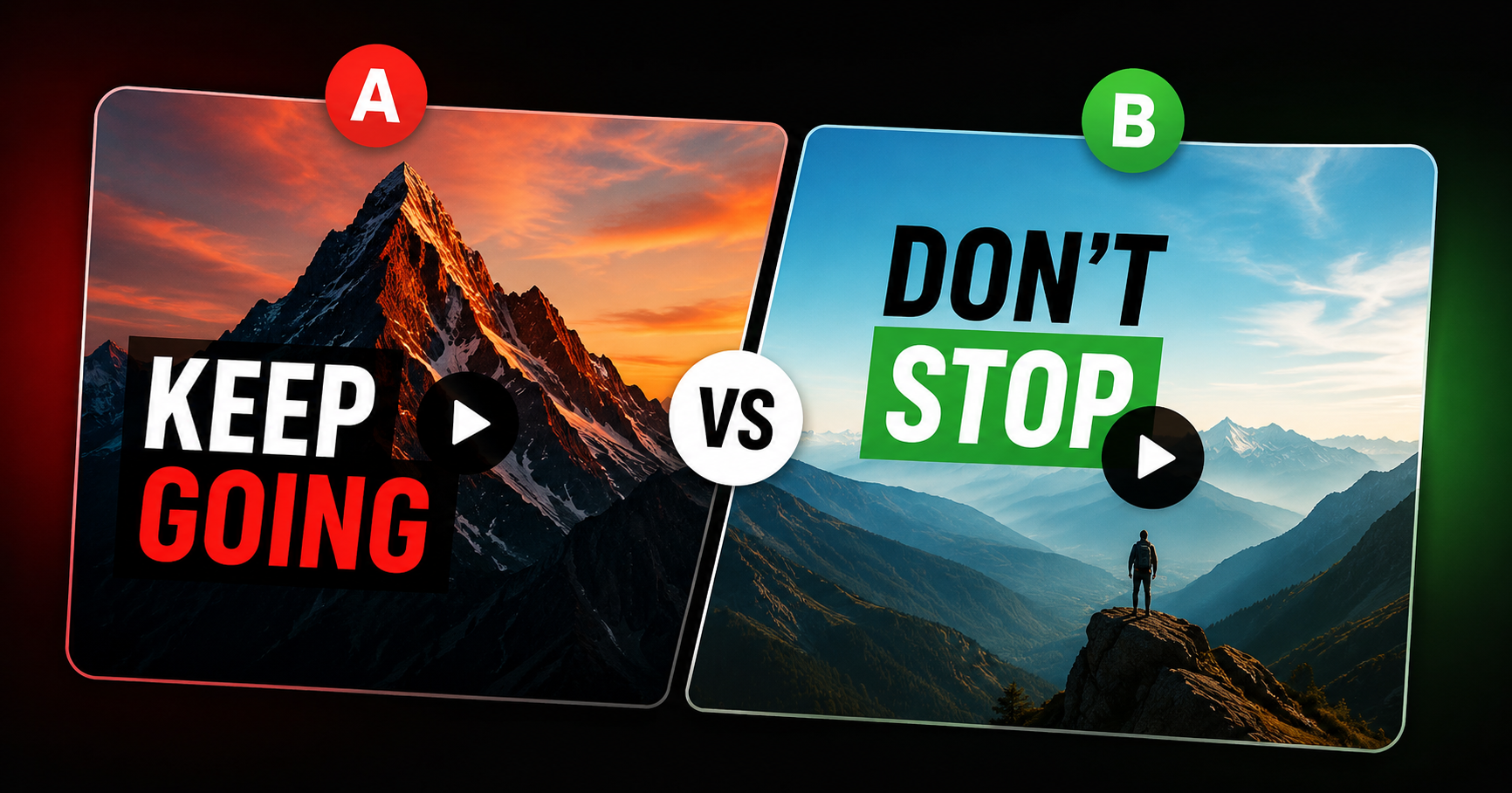 Two YouTube thumbnails labeled A and B compared side by side with a VS badge, showing different mountain designs for thumbnail A/B testing.